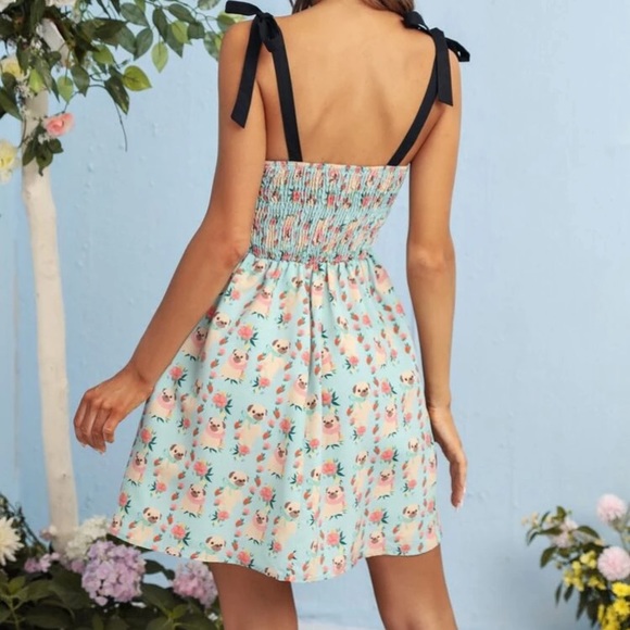 Elenapugger pug dog print blue knot shoulder shirred back slip dress. - Picture 3 of 8